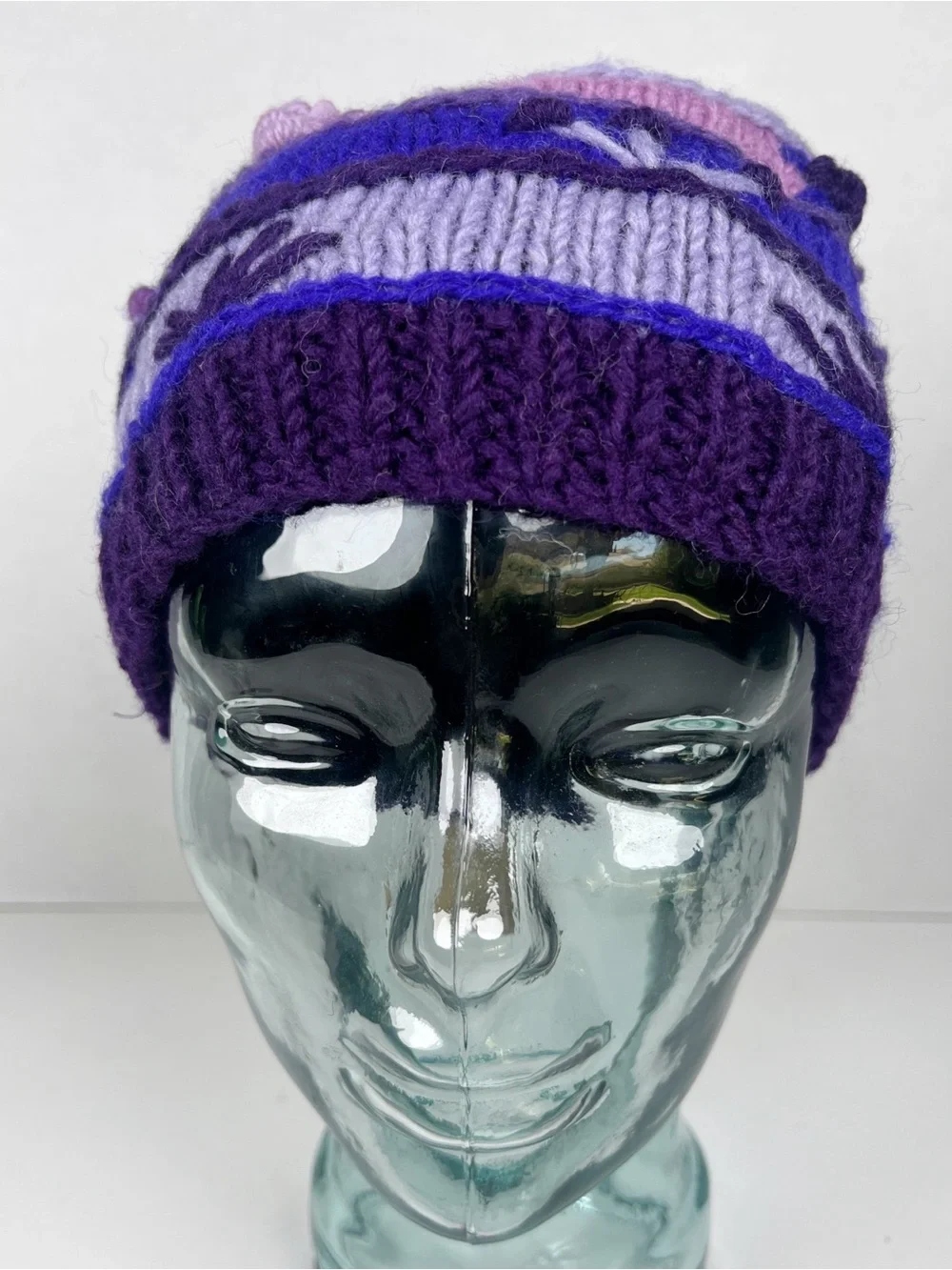 Handmade in Nepal Purple Pink Blue Floral 100% Wool Knit Beanie Hat
